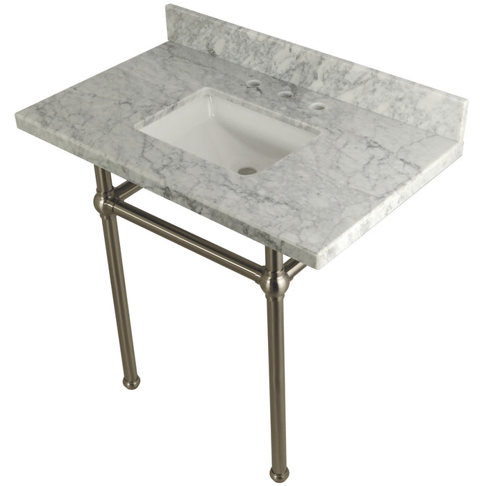 Kingston Heirloom KVPB36MBSQ8 - Templeton 36-Inch Carrara Marble Vanity Top with Brass Legs (8-Inch, 3-Hole), Carrara Marble White/Brushed Nickel