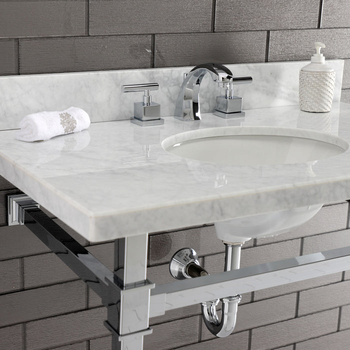 Kingston Sona KVPB36MOQ1 - Monarch 36-Inch Carrara Marble Console Sink with Stainless Steel Legs (8-Inch, 3-Hole), Carrara Marble White/Polished Chrome