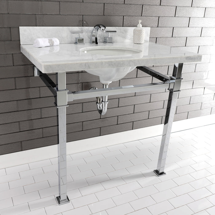 Kingston Sona KVPB36MOQ1 - Monarch 36-Inch Carrara Marble Console Sink with Stainless Steel Legs (8-Inch, 3-Hole), Carrara Marble White/Polished Chrome