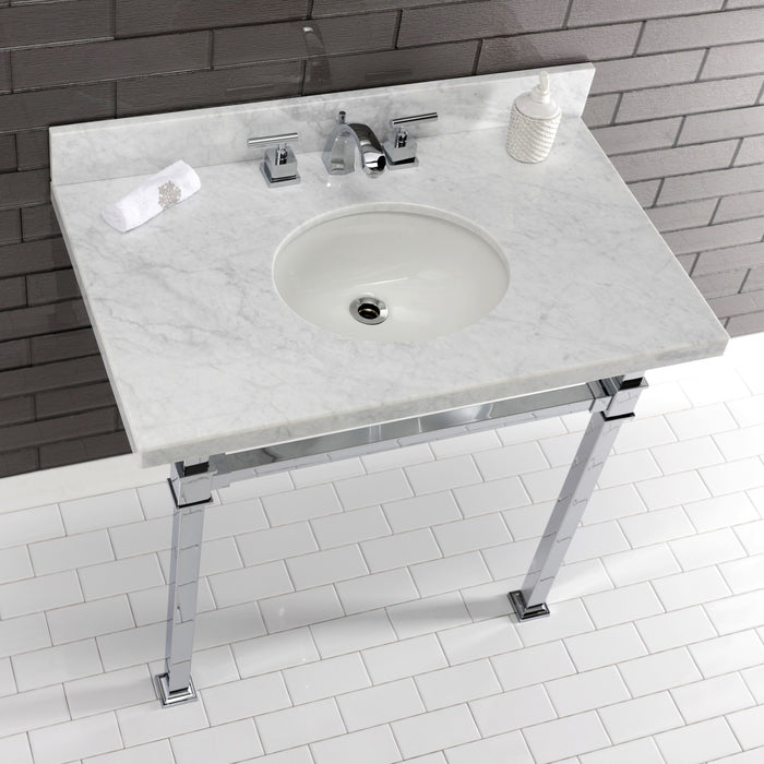 Kingston Sona KVPB36MOQ1 - Monarch 36-Inch Carrara Marble Console Sink with Stainless Steel Legs (8-Inch, 3-Hole), Carrara Marble White/Polished Chrome