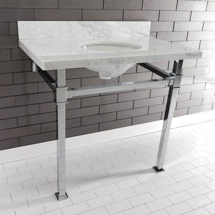 Kingston Sona KVPB36MOQ1 - Monarch 36-Inch Carrara Marble Console Sink with Stainless Steel Legs (8-Inch, 3-Hole), Carrara Marble White/Polished Chrome