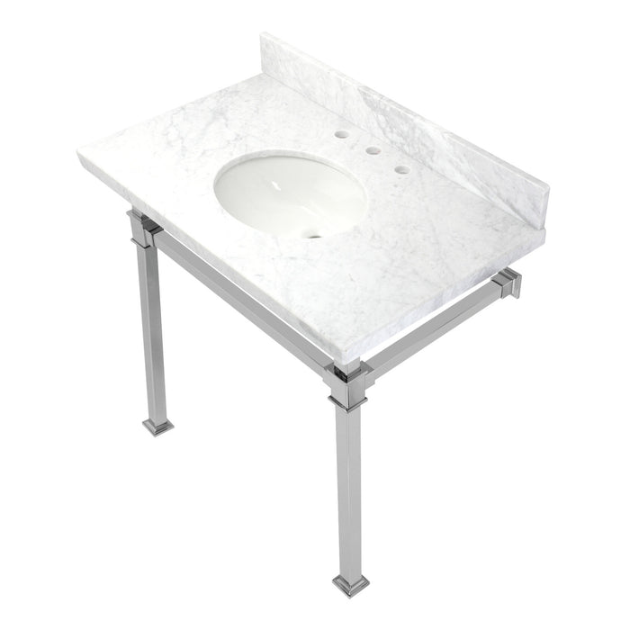 Kingston Sona KVPB36MOQ1 - Monarch 36-Inch Carrara Marble Console Sink with Stainless Steel Legs (8-Inch, 3-Hole), Carrara Marble White/Polished Chrome