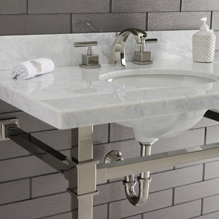 Kingston Sona KVPB36MOQ6 - Monarch 36-Inch Carrara Marble Console Sink with Stainless Steel Legs (8-Inch, 3-Hole), Carrara Marble White/Polished Nickel