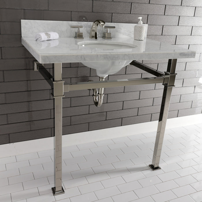 Kingston Sona KVPB36MOQ6 - Monarch 36-Inch Carrara Marble Console Sink with Stainless Steel Legs (8-Inch, 3-Hole), Carrara Marble White/Polished Nickel
