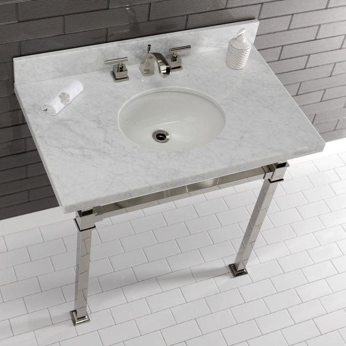 Kingston Sona KVPB36MOQ6 - Monarch 36-Inch Carrara Marble Console Sink with Stainless Steel Legs (8-Inch, 3-Hole), Carrara Marble White/Polished Nickel