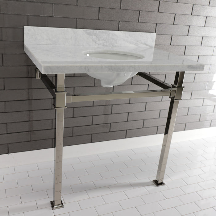 Kingston Sona KVPB36MOQ6 - Monarch 36-Inch Carrara Marble Console Sink with Stainless Steel Legs (8-Inch, 3-Hole), Carrara Marble White/Polished Nickel