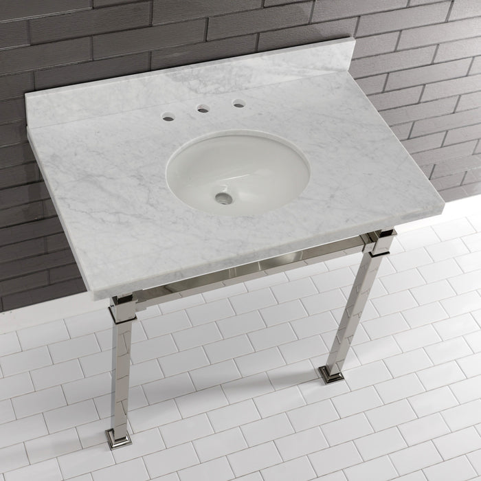 Kingston Sona KVPB36MOQ6 - Monarch 36-Inch Carrara Marble Console Sink with Stainless Steel Legs (8-Inch, 3-Hole), Carrara Marble White/Polished Nickel