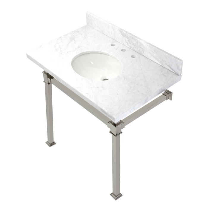 Kingston Sona KVPB36MOQ6 - Monarch 36-Inch Carrara Marble Console Sink with Stainless Steel Legs (8-Inch, 3-Hole), Carrara Marble White/Polished Nickel
