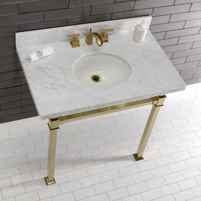 Kingston Sona KVPB36MOQ7 - Monarch 36-Inch Carrara Marble Console Sink with Stainless Steel Legs (8-Inch, 3-Hole), Carrara Marble White/Brushed Brass