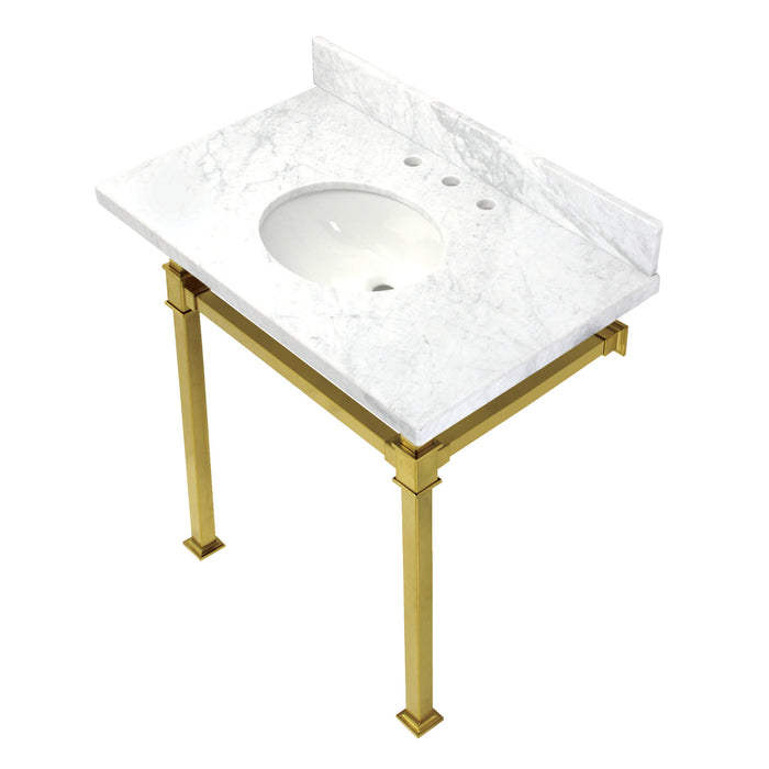 Kingston Sona KVPB36MOQ7 - Monarch 36-Inch Carrara Marble Console Sink with Stainless Steel Legs (8-Inch, 3-Hole), Carrara Marble White/Brushed Brass