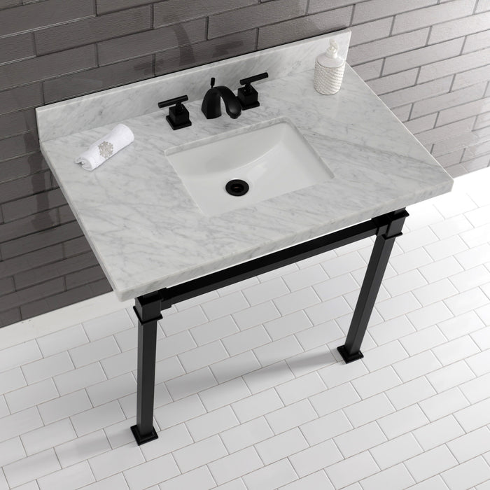 Kingston Sona KVPB36MSQ0 - Monarch 36-Inch Carrara Marble Console Sink with Stainless Steel Legs (8-Inch, 3-Hole), Carrara Marble White/Matte Black