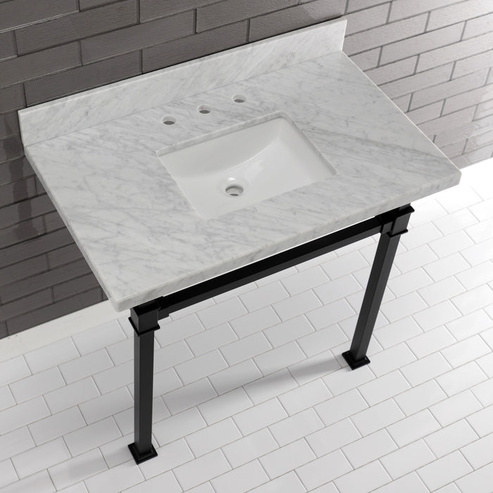 Kingston Sona KVPB36MSQ0 - Monarch 36-Inch Carrara Marble Console Sink with Stainless Steel Legs (8-Inch, 3-Hole), Carrara Marble White/Matte Black