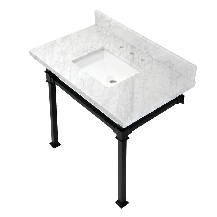 Kingston Sona KVPB36MSQ0 - Monarch 36-Inch Carrara Marble Console Sink with Stainless Steel Legs (8-Inch, 3-Hole), Carrara Marble White/Matte Black