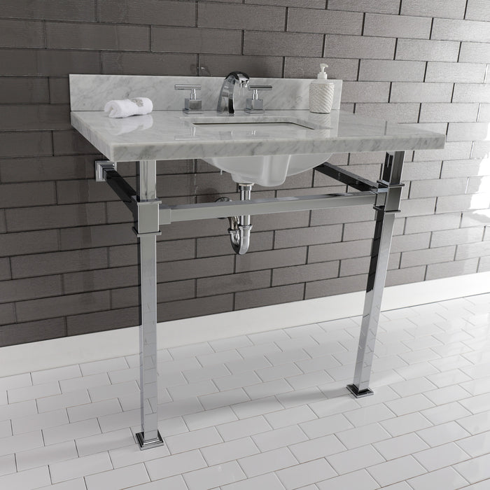 Kingston Sona KVPB36MSQ1 - Monarch 36-Inch Carrara Marble Console Sink with Stainless Steel Legs (8-Inch, 3-Hole), Carrara Marble White/Polished Chrome