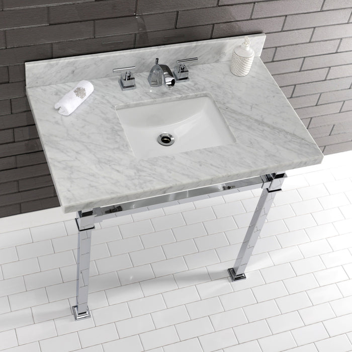 Kingston Sona KVPB36MSQ1 - Monarch 36-Inch Carrara Marble Console Sink with Stainless Steel Legs (8-Inch, 3-Hole), Carrara Marble White/Polished Chrome