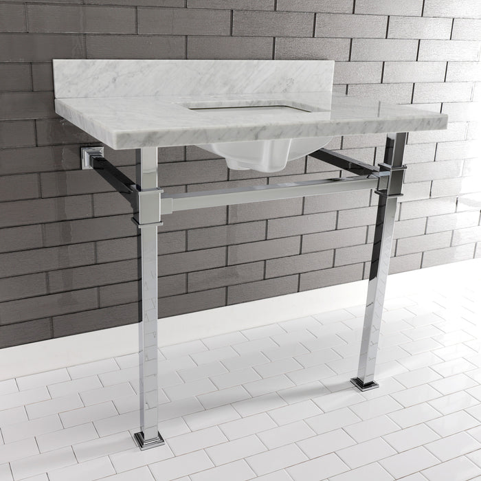 Kingston Sona KVPB36MSQ1 - Monarch 36-Inch Carrara Marble Console Sink with Stainless Steel Legs (8-Inch, 3-Hole), Carrara Marble White/Polished Chrome