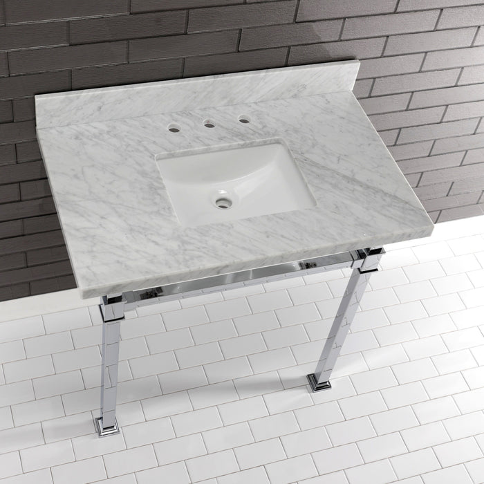 Kingston Sona KVPB36MSQ1 - Monarch 36-Inch Carrara Marble Console Sink with Stainless Steel Legs (8-Inch, 3-Hole), Carrara Marble White/Polished Chrome