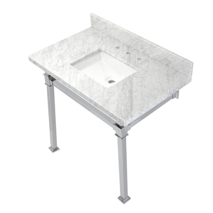 Kingston Sona KVPB36MSQ1 - Monarch 36-Inch Carrara Marble Console Sink with Stainless Steel Legs (8-Inch, 3-Hole), Carrara Marble White/Polished Chrome