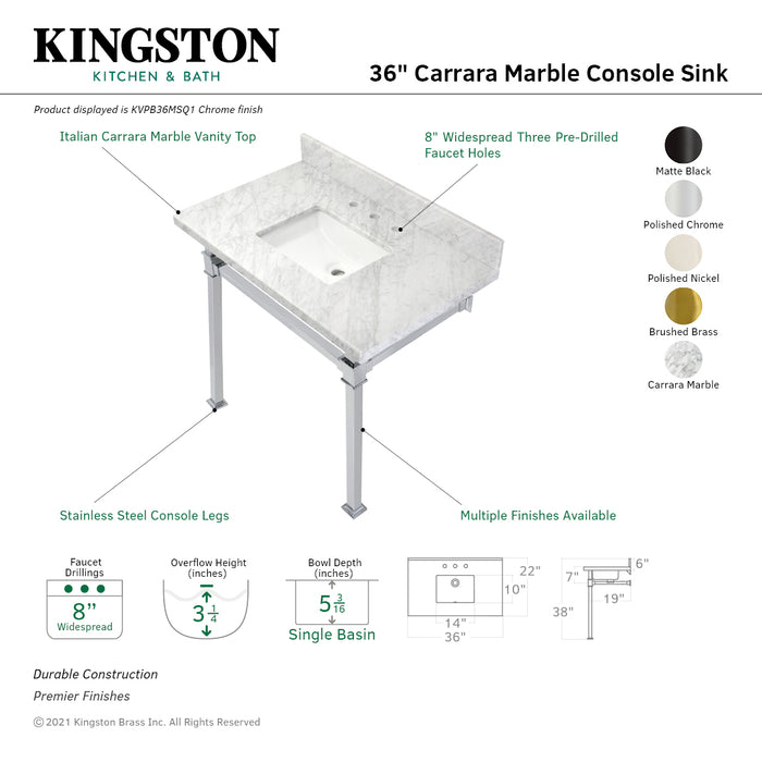 Kingston Sona KVPB36MSQ6 - Monarch 36-Inch Carrara Marble Console Sink with Stainless Steel Legs (8-Inch, 3-Hole), Carrara Marble White/Polished Nickel