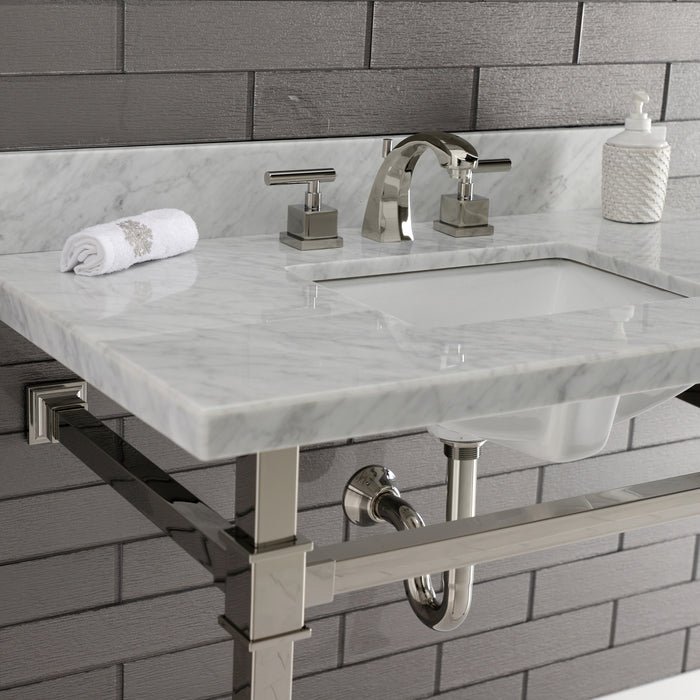 Kingston Sona KVPB36MSQ6 - Monarch 36-Inch Carrara Marble Console Sink with Stainless Steel Legs (8-Inch, 3-Hole), Carrara Marble White/Polished Nickel