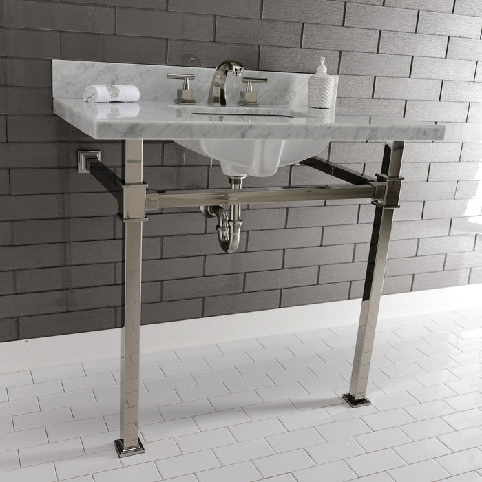Kingston Sona KVPB36MSQ6 - Monarch 36-Inch Carrara Marble Console Sink with Stainless Steel Legs (8-Inch, 3-Hole), Carrara Marble White/Polished Nickel