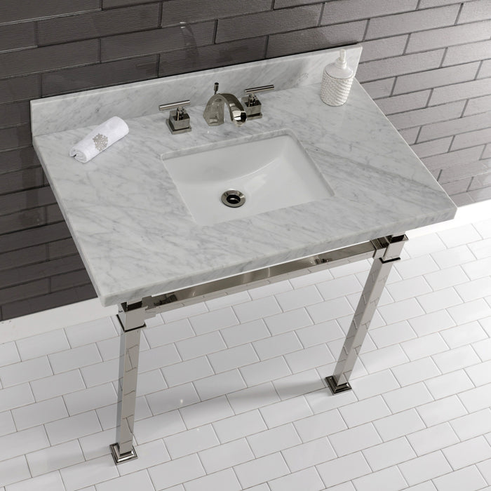 Kingston Sona KVPB36MSQ6 - Monarch 36-Inch Carrara Marble Console Sink with Stainless Steel Legs (8-Inch, 3-Hole), Carrara Marble White/Polished Nickel