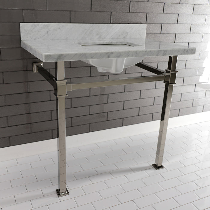 Kingston Sona KVPB36MSQ6 - Monarch 36-Inch Carrara Marble Console Sink with Stainless Steel Legs (8-Inch, 3-Hole), Carrara Marble White/Polished Nickel