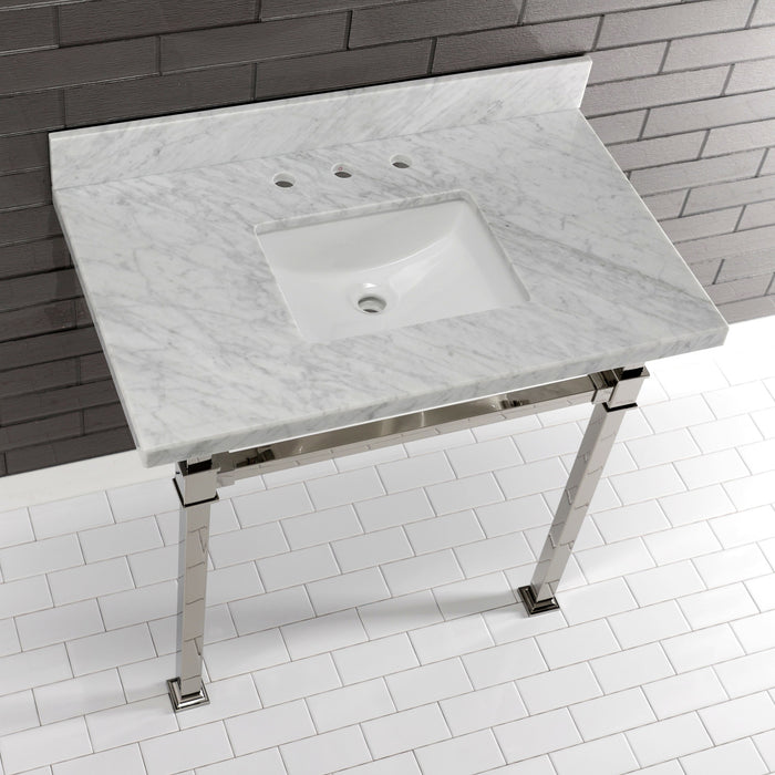 Kingston Sona KVPB36MSQ6 - Monarch 36-Inch Carrara Marble Console Sink with Stainless Steel Legs (8-Inch, 3-Hole), Carrara Marble White/Polished Nickel