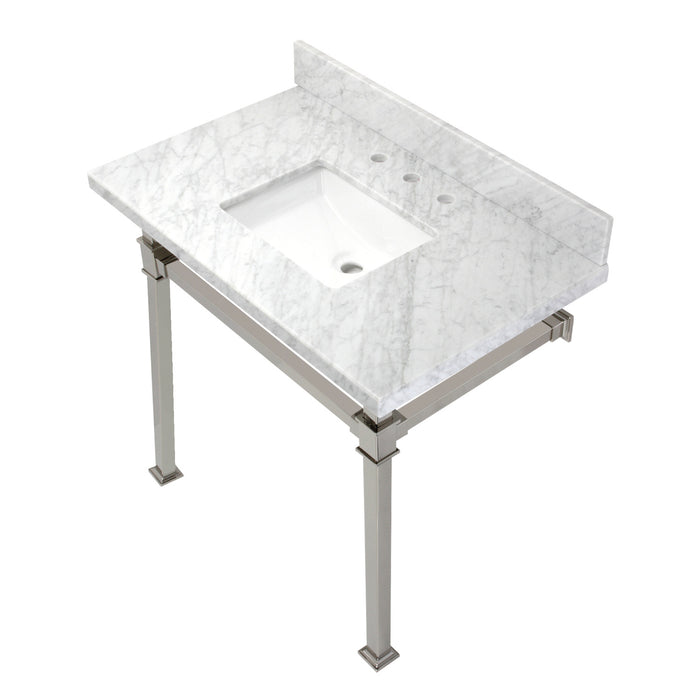 Kingston Sona KVPB36MSQ6 - Monarch 36-Inch Carrara Marble Console Sink with Stainless Steel Legs (8-Inch, 3-Hole), Carrara Marble White/Polished Nickel