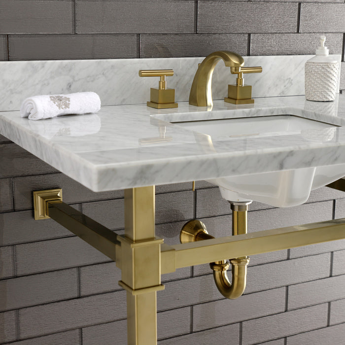 Kingston Sona KVPB36MSQ7 - Monarch 36-Inch Carrara Marble Console Sink with Stainless Steel Legs (8-Inch, 3-Hole), Carrara Marble White/Brushed Brass