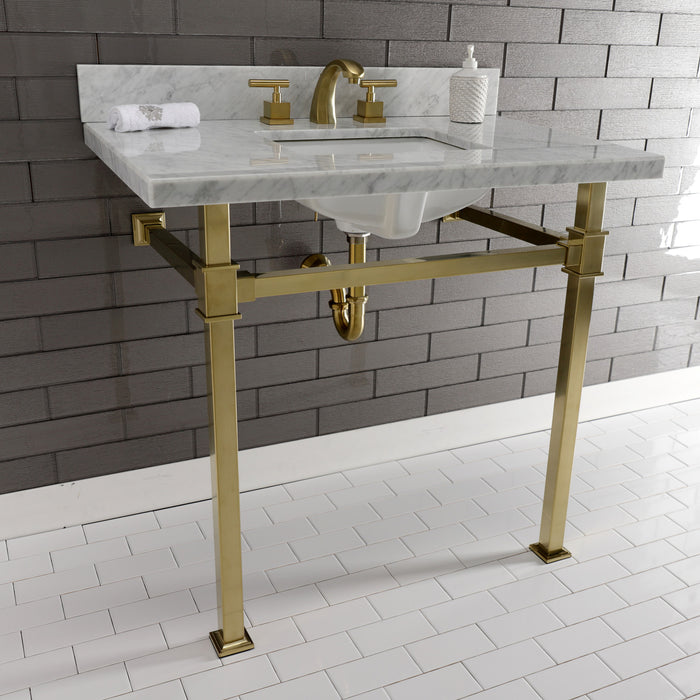 Kingston Sona KVPB36MSQ7 - Monarch 36-Inch Carrara Marble Console Sink with Stainless Steel Legs (8-Inch, 3-Hole), Carrara Marble White/Brushed Brass