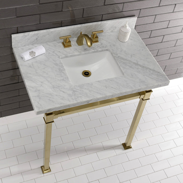 Kingston Sona KVPB36MSQ7 - Monarch 36-Inch Carrara Marble Console Sink with Stainless Steel Legs (8-Inch, 3-Hole), Carrara Marble White/Brushed Brass