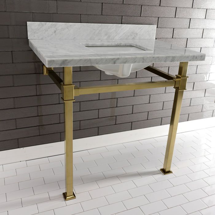 Kingston Sona KVPB36MSQ7 - Monarch 36-Inch Carrara Marble Console Sink with Stainless Steel Legs (8-Inch, 3-Hole), Carrara Marble White/Brushed Brass