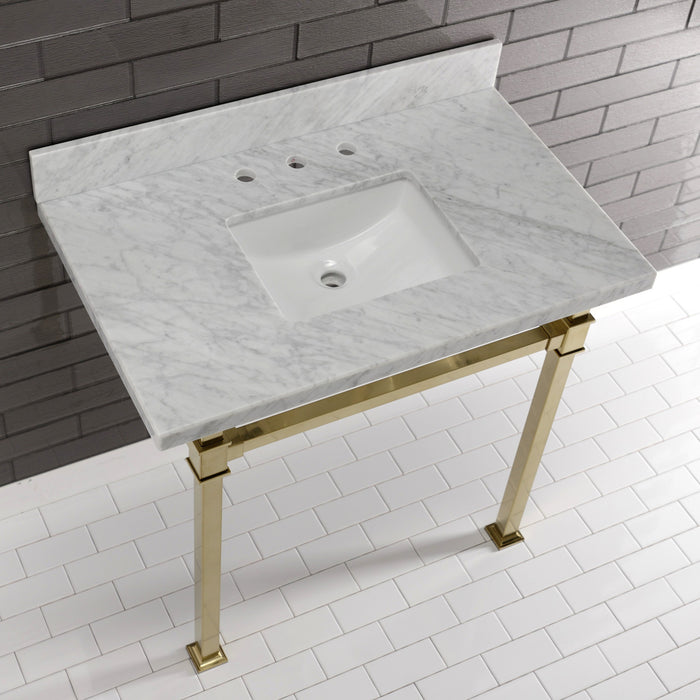 Kingston Sona KVPB36MSQ7 - Monarch 36-Inch Carrara Marble Console Sink with Stainless Steel Legs (8-Inch, 3-Hole), Carrara Marble White/Brushed Brass