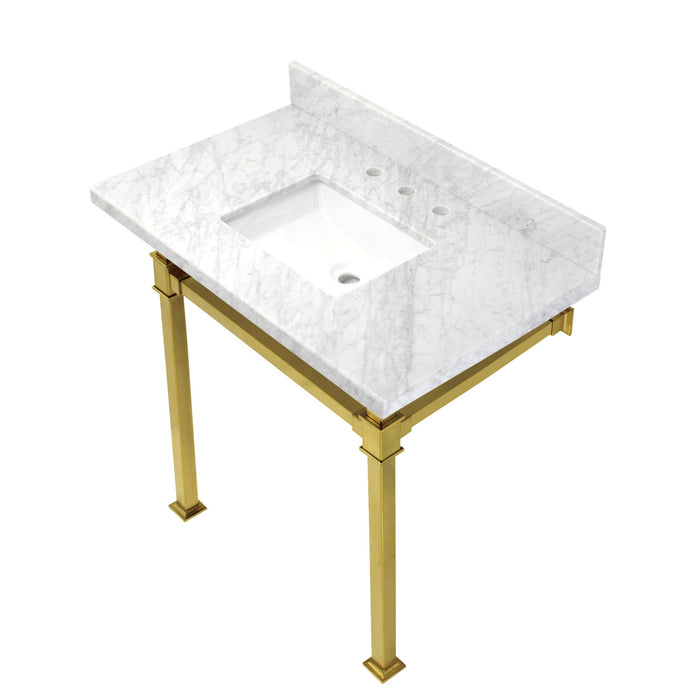 Kingston Sona KVPB36MSQ7 - Monarch 36-Inch Carrara Marble Console Sink with Stainless Steel Legs (8-Inch, 3-Hole), Carrara Marble White/Brushed Brass