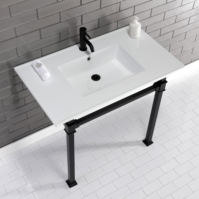 Kingston Sona KVPB37221Q0 - Monarch 37-Inch Ceramic Console Sink with Stainless Steel Legs (1-Hole), White/Matte Black