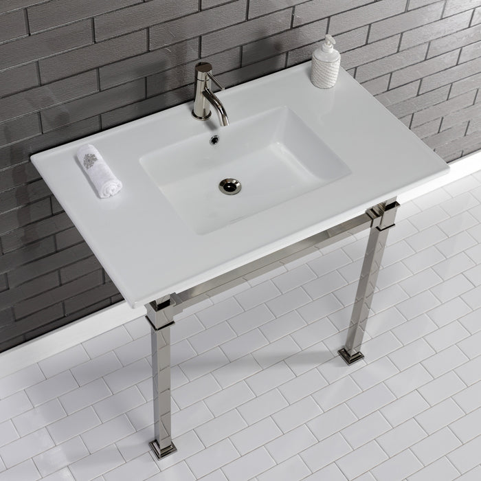 Kingston Sona KVPB37221Q6 - Monarch 37-Inch Ceramic Console Sink with Stainless Steel Legs (1-Hole), White/Polished Nickel