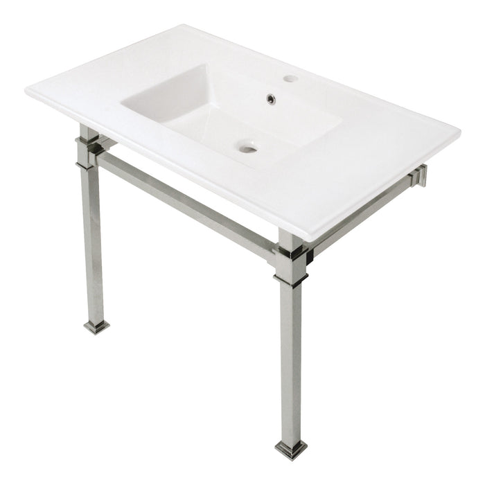 Kingston Sona KVPB37221Q6 - Monarch 37-Inch Ceramic Console Sink with Stainless Steel Legs (1-Hole), White/Polished Nickel