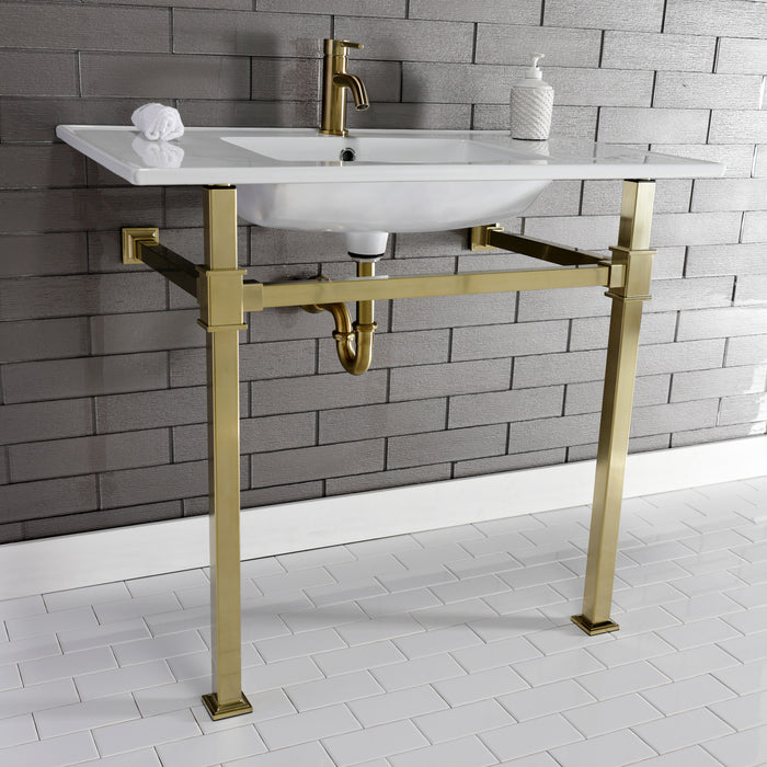 Kingston Sona KVPB37221Q7 - Monarch 37-Inch Ceramic Console Sink with Stainless Steel Legs (1-Hole), White/Brushed Brass