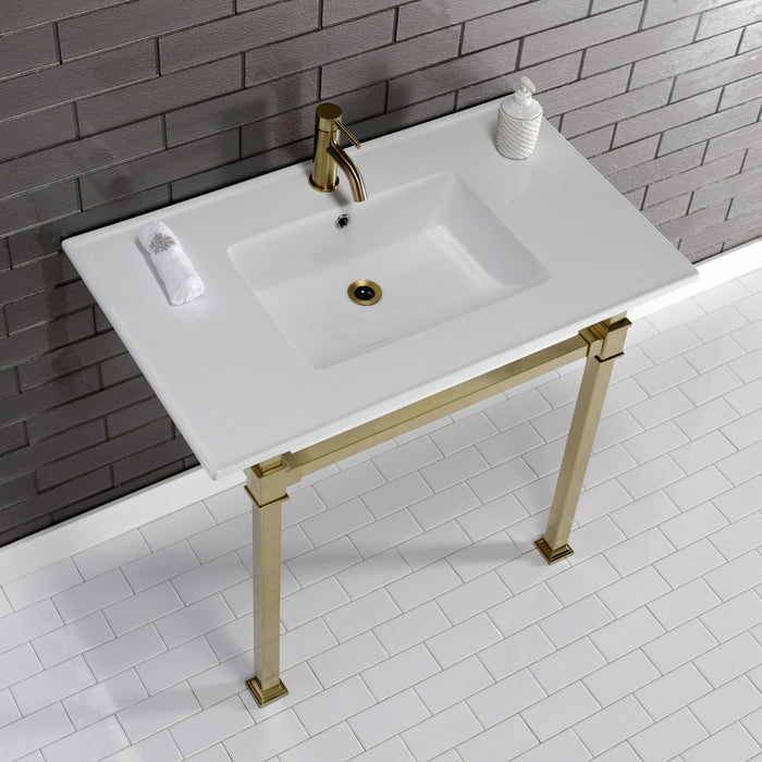 Kingston Sona KVPB37221Q7 - Monarch 37-Inch Ceramic Console Sink with Stainless Steel Legs (1-Hole), White/Brushed Brass