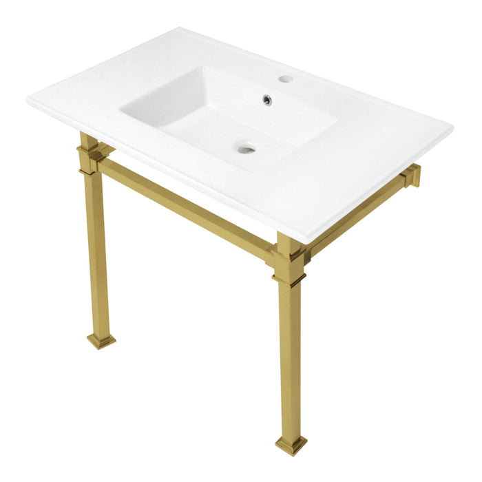 Kingston Sona KVPB37221Q7 - Monarch 37-Inch Ceramic Console Sink with Stainless Steel Legs (1-Hole), White/Brushed Brass