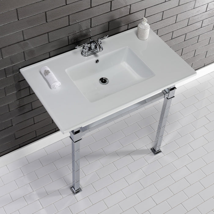 Kingston Sona KVPB37224Q1 - Monarch 37-Inch Ceramic Console Sink with Stainless Steel Legs (4-Inch, 3-Hole), White/Polished Chrome