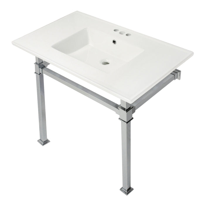 Kingston Sona KVPB37224Q1 - Monarch 37-Inch Ceramic Console Sink with Stainless Steel Legs (4-Inch, 3-Hole), White/Polished Chrome