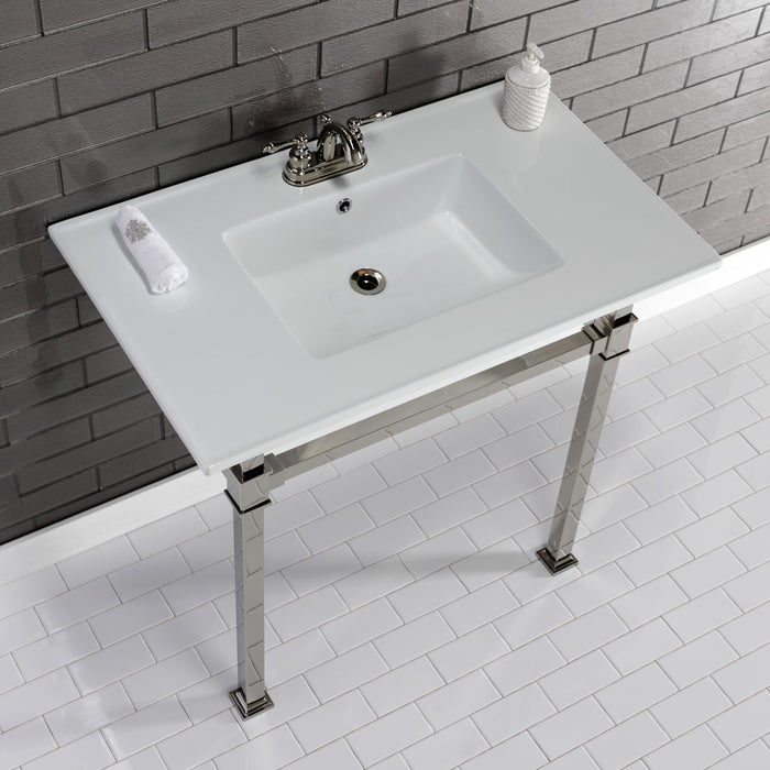 Monarch KVPB37224Q6 37-Inch Ceramic Console Sink with Stainless Steel Legs (4-Inch, 3-Hole), White/Polished Nickel