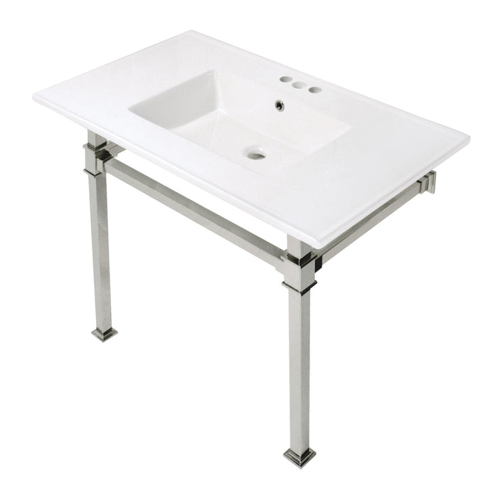 Monarch KVPB37224Q6 37-Inch Ceramic Console Sink with Stainless Steel Legs (4-Inch, 3-Hole), White/Polished Nickel