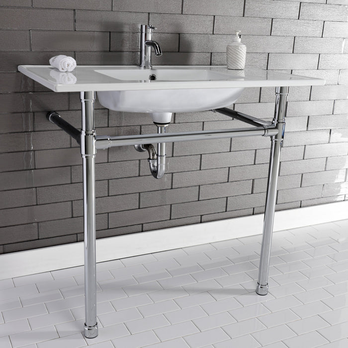 Kingston Tulare KVPB3722711 - Dreyfuss 37-Inch Ceramic Console Sink with Stainless Steel Legs (1-Hole), White/Polished Chrome