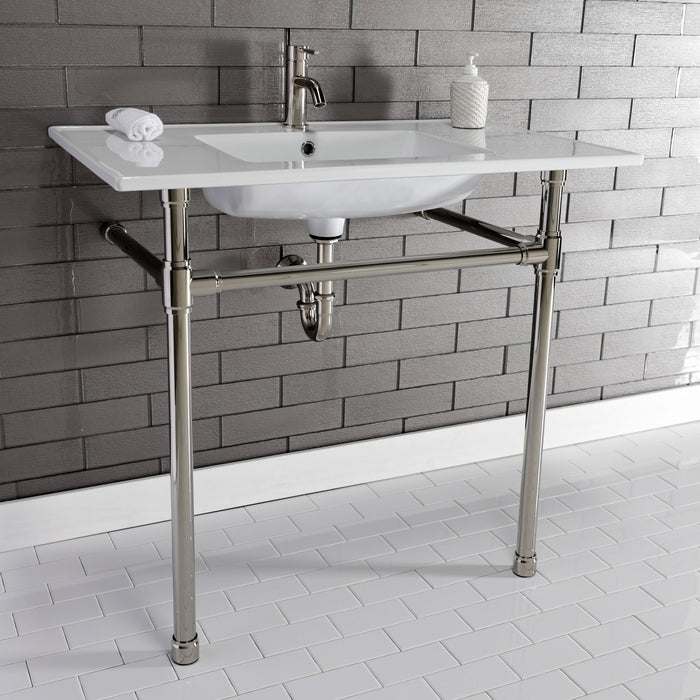 Kingston Tulare KVPB3722716 - Dreyfuss 37-Inch Ceramic Console Sink with Stainless Steel Legs (1-Hole), White/Polished Nickel