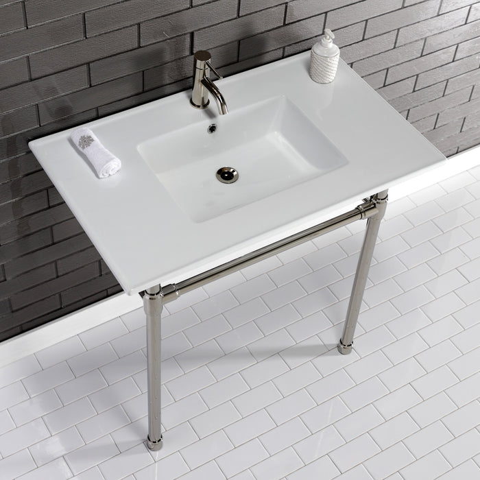 Kingston Tulare KVPB3722716 - Dreyfuss 37-Inch Ceramic Console Sink with Stainless Steel Legs (1-Hole), White/Polished Nickel