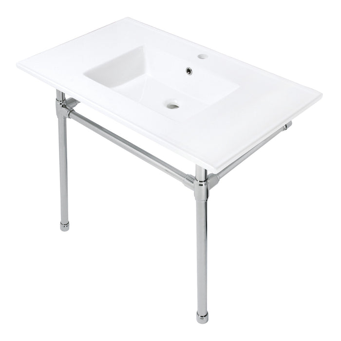 Kingston Tulare KVPB3722716 - Dreyfuss 37-Inch Ceramic Console Sink with Stainless Steel Legs (1-Hole), White/Polished Nickel