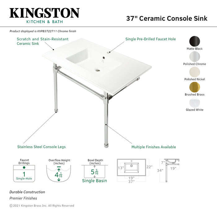 Kingston Tulare KVPB3722717 - Dreyfuss 37-Inch Ceramic Console Sink with Stainless Steel Legs (1-Hole), White/Brushed Brass